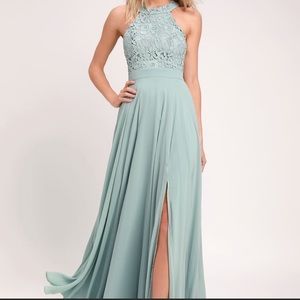 Sage green floor length lace bridesmaid dress